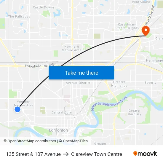 135 Street & 107 Avenue to Clareview Town Centre map