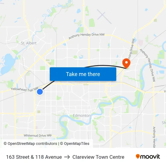 163 Street & 118 Avenue to Clareview Town Centre map