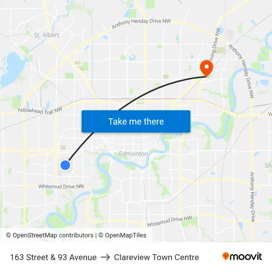 163 Street & 93 Avenue to Clareview Town Centre map