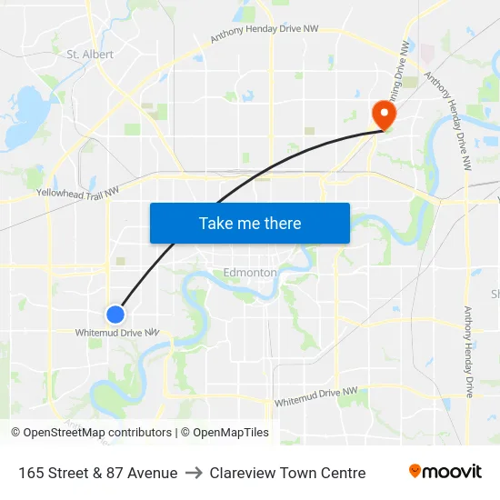 165 Street & 87 Avenue to Clareview Town Centre map