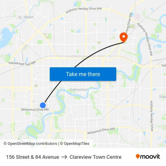 156 Street & 84 Avenue to Clareview Town Centre map