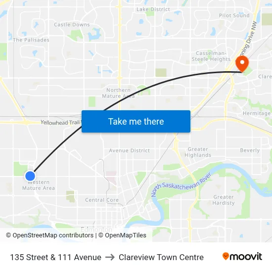 135 Street & 111 Avenue to Clareview Town Centre map