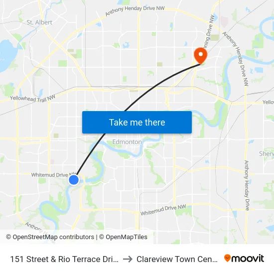 151 Street & Rio Terrace Drive to Clareview Town Centre map