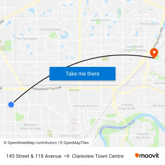 145 Street & 118 Avenue to Clareview Town Centre map
