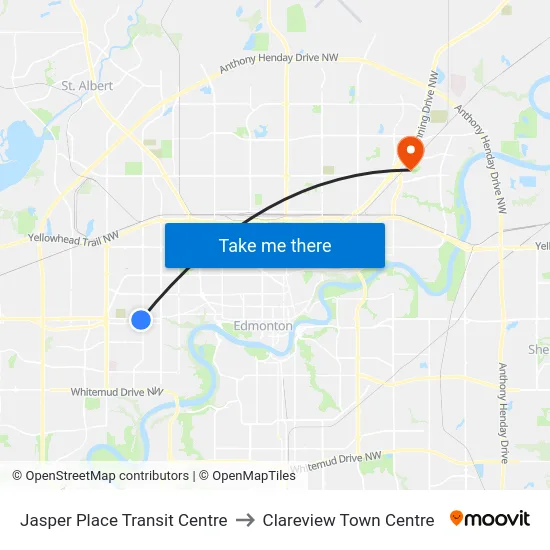 Jasper Place Transit Centre to Clareview Town Centre map