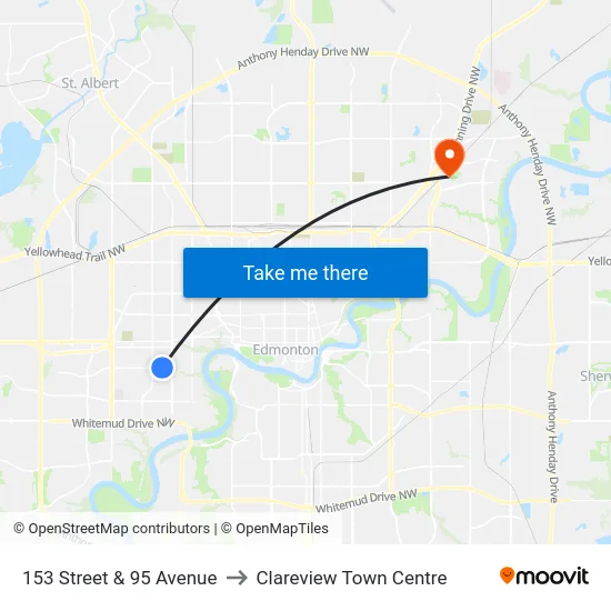 153 Street & 95 Avenue to Clareview Town Centre map