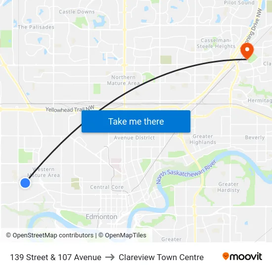 139 Street & 107 Avenue to Clareview Town Centre map