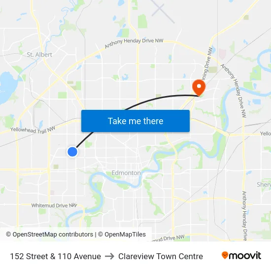 152 Street & 110 Avenue to Clareview Town Centre map