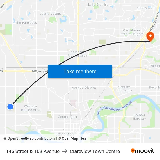 146 Street & 109 Avenue to Clareview Town Centre map