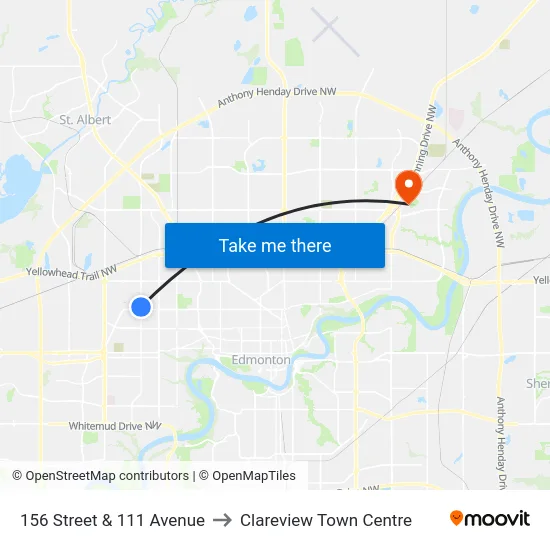 156 Street & 111 Avenue to Clareview Town Centre map