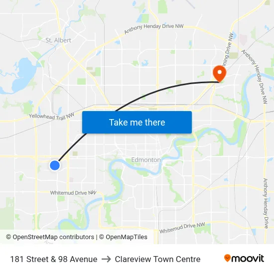 181 Street & 98 Avenue to Clareview Town Centre map