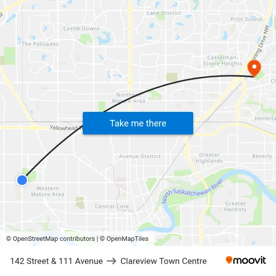 142 Street & 111 Avenue to Clareview Town Centre map