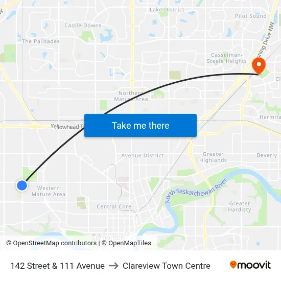 142 Street & 111 Avenue to Clareview Town Centre map