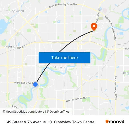 149 Street & 76 Avenue to Clareview Town Centre map