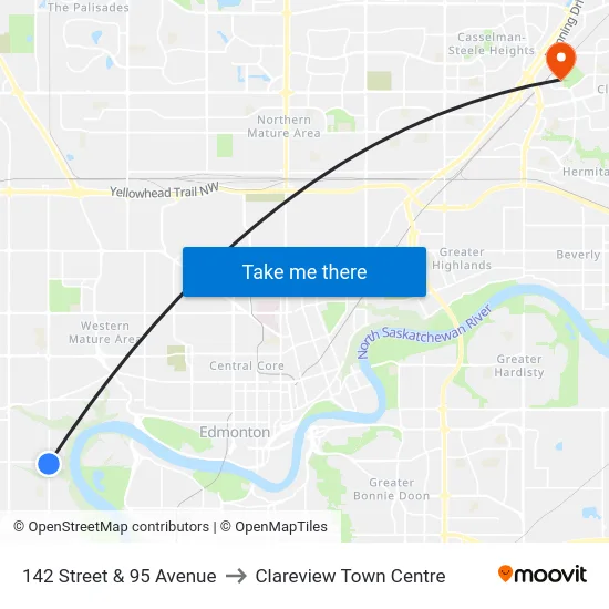 142 Street & 95 Avenue to Clareview Town Centre map