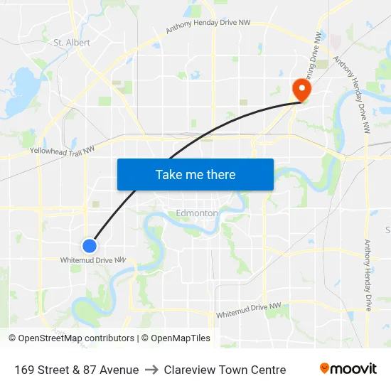 169 Street & 87 Avenue to Clareview Town Centre map