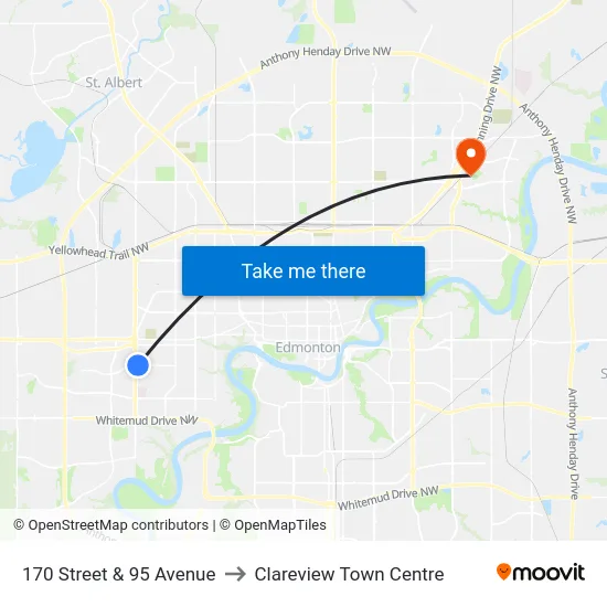 170 Street & 95 Avenue to Clareview Town Centre map