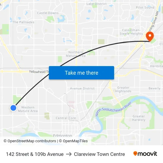 142 Street & 109b Avenue to Clareview Town Centre map