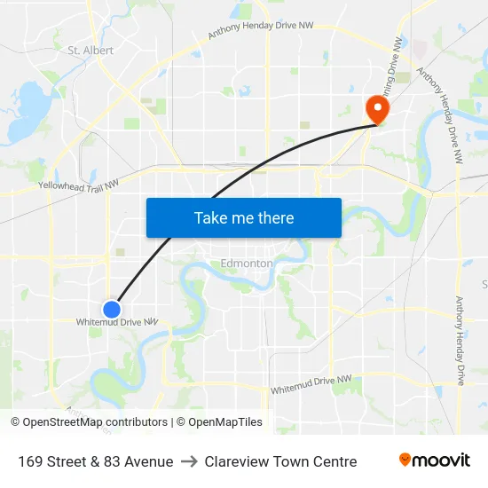 169 Street & 83 Avenue to Clareview Town Centre map