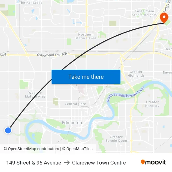 149 Street & 95 Avenue to Clareview Town Centre map