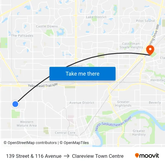 139 Street & 116 Avenue to Clareview Town Centre map