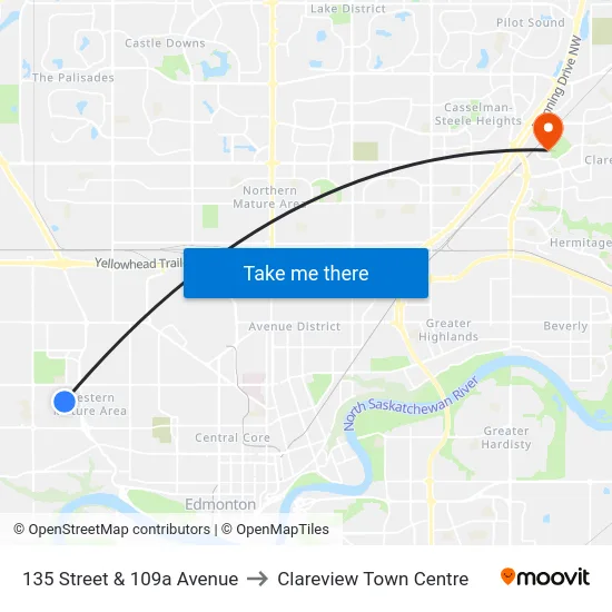 135 Street & 109a Avenue to Clareview Town Centre map
