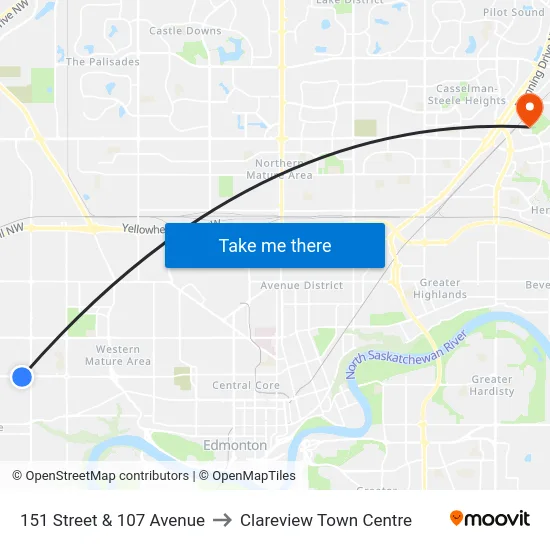 151 Street & 107 Avenue to Clareview Town Centre map