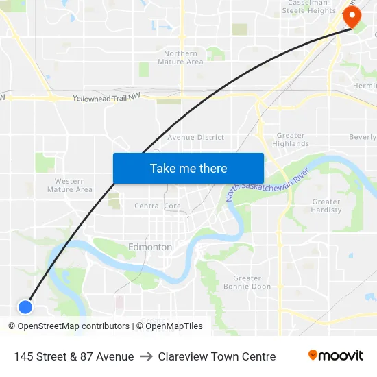 145 Street & 87 Avenue to Clareview Town Centre map