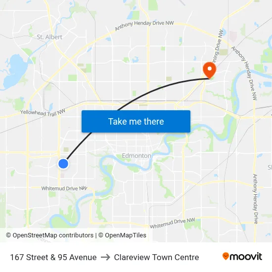 167 Street & 95 Avenue to Clareview Town Centre map