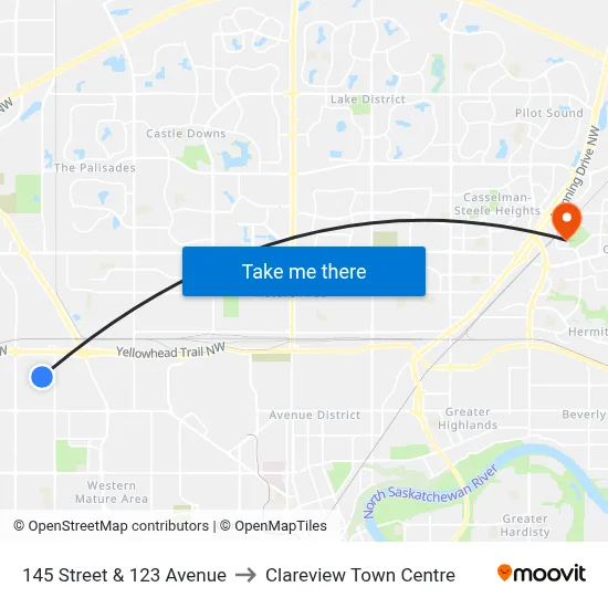 145 Street & 123 Avenue to Clareview Town Centre map