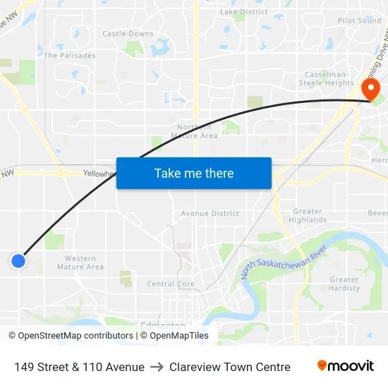 149 Street & 110 Avenue to Clareview Town Centre map