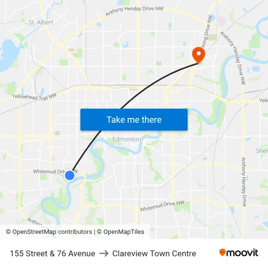 155 Street & 76 Avenue to Clareview Town Centre map