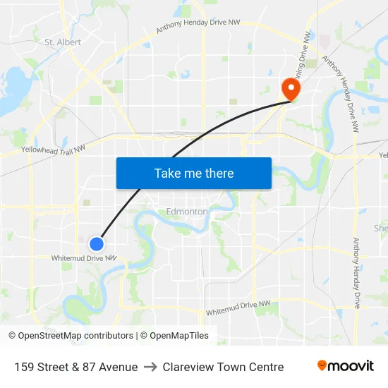 159 Street & 87 Avenue to Clareview Town Centre map
