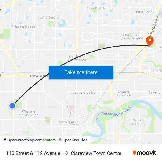 143 Street & 112 Avenue to Clareview Town Centre map