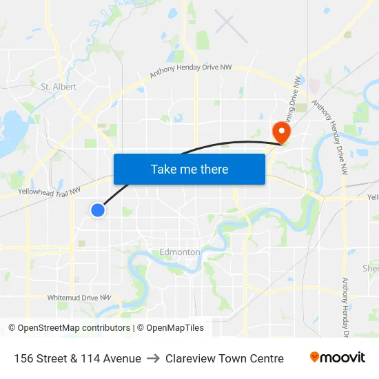 156 Street & 114 Avenue to Clareview Town Centre map