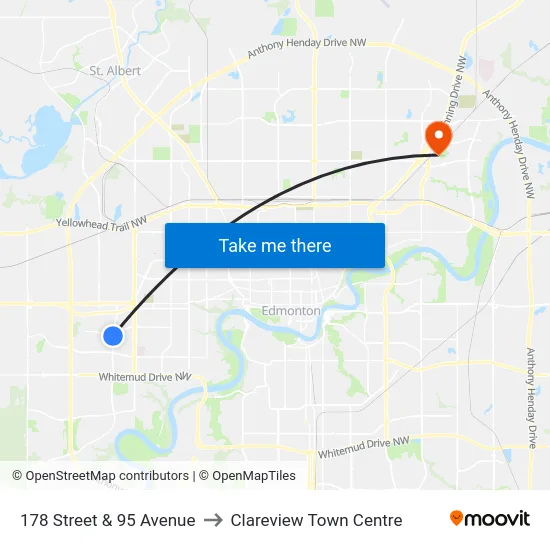 178 Street & 95 Avenue to Clareview Town Centre map