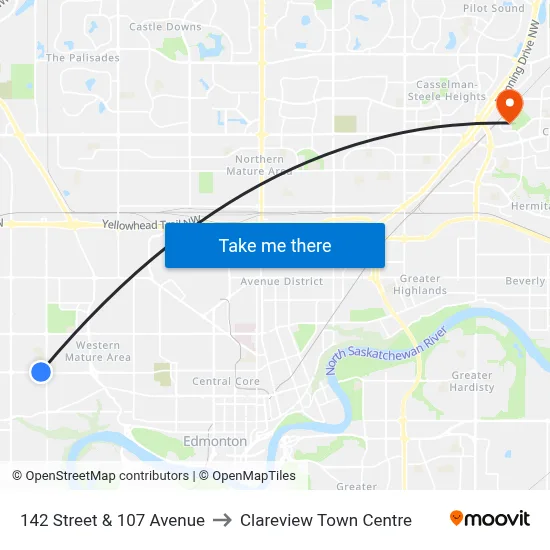 142 Street & 107 Avenue to Clareview Town Centre map