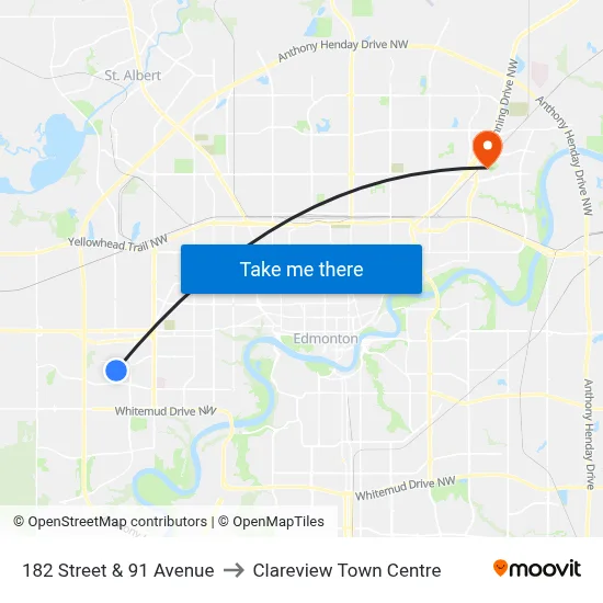 182 Street & 91 Avenue to Clareview Town Centre map