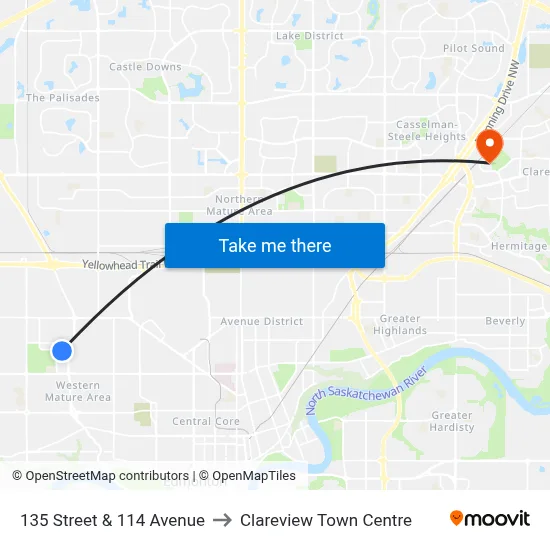 135 Street & 114 Avenue to Clareview Town Centre map