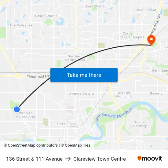 136 Street & 111 Avenue to Clareview Town Centre map
