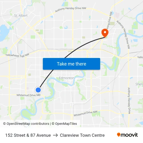 152 Street & 87 Avenue to Clareview Town Centre map