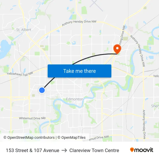 153 Street & 107 Avenue to Clareview Town Centre map
