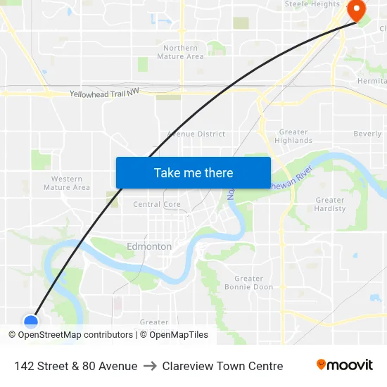142 Street & 80 Avenue to Clareview Town Centre map