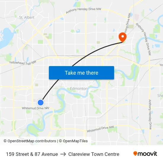 159 Street & 87 Avenue to Clareview Town Centre map