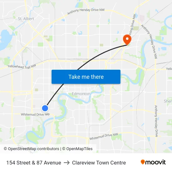 154 Street & 87 Avenue to Clareview Town Centre map