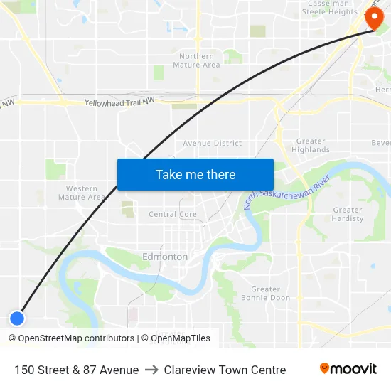 150 Street & 87 Avenue to Clareview Town Centre map
