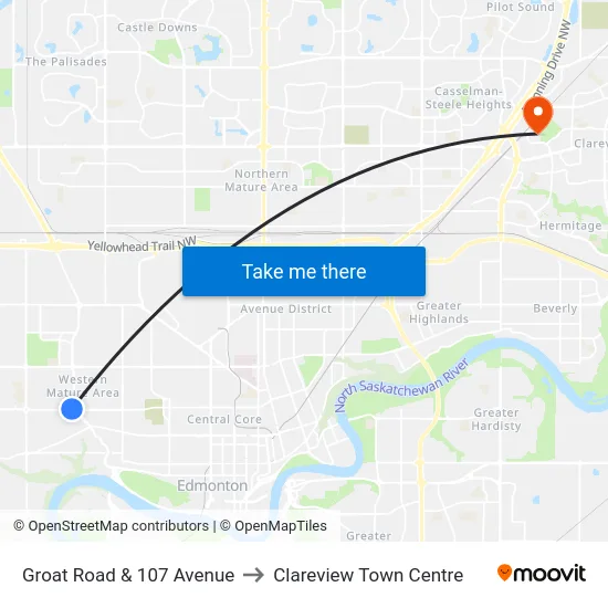 Groat Road & 107 Avenue to Clareview Town Centre map