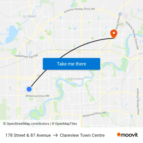 178 Street & 87 Avenue to Clareview Town Centre map