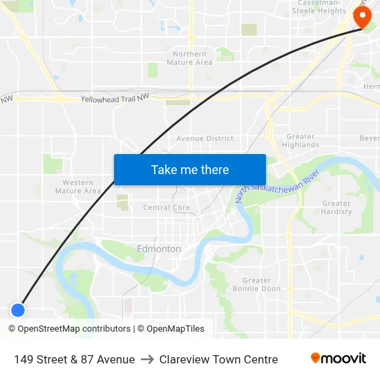 149 Street & 87 Avenue to Clareview Town Centre map