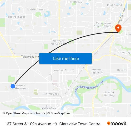 137 Street & 109a Avenue to Clareview Town Centre map